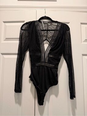 Lulu's Black Lace Plunge Long-Sleeve Bodysuit
